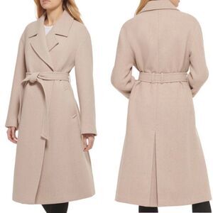 Cole Haan Oversize Belted Basket Weave Wool Wrap Peacoat Oatmeal Women's 10 NWT